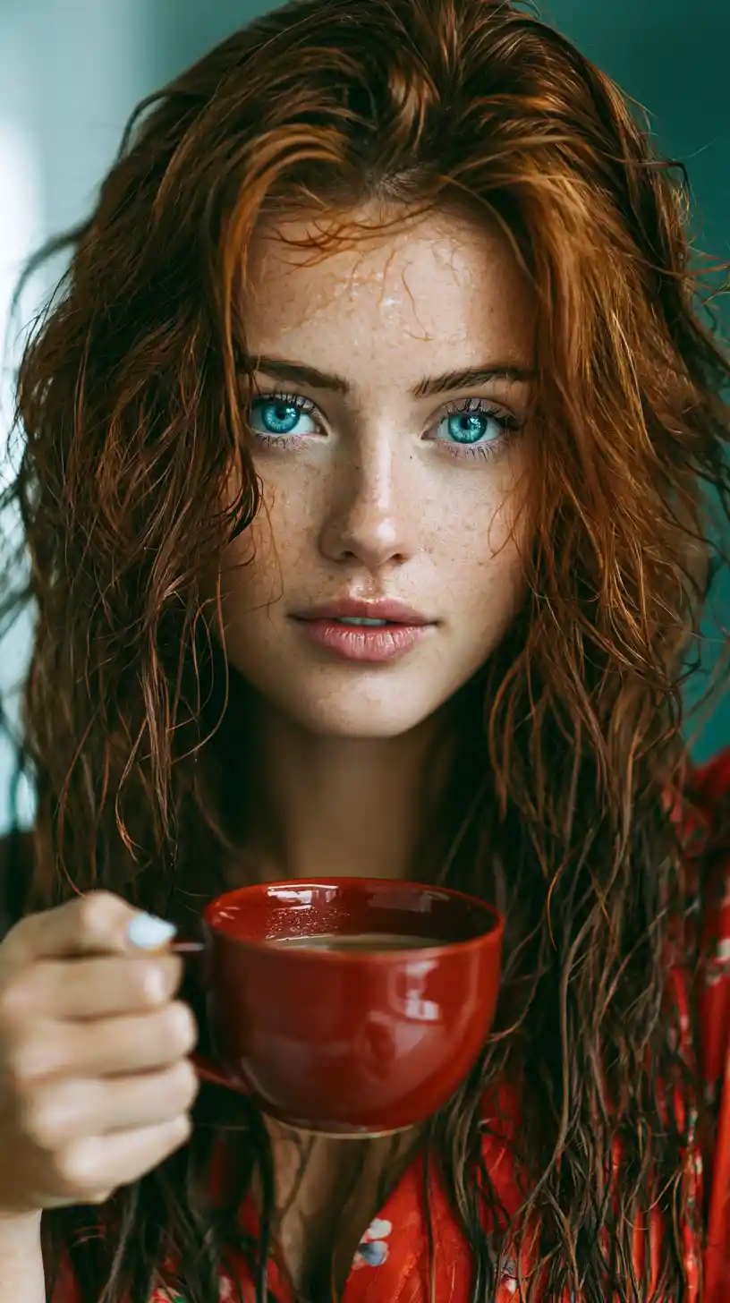 Chica pelirroja con el cabello mojado bebiendo café en interiores