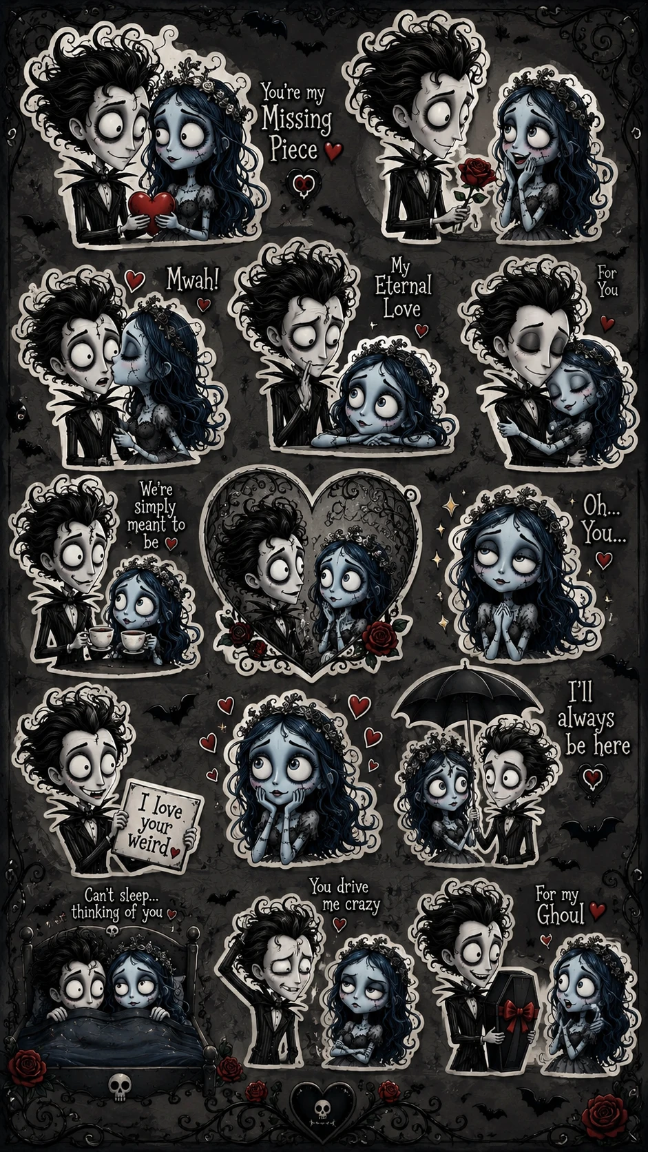 Chibi couple reaction stickers in dark romantic illustration