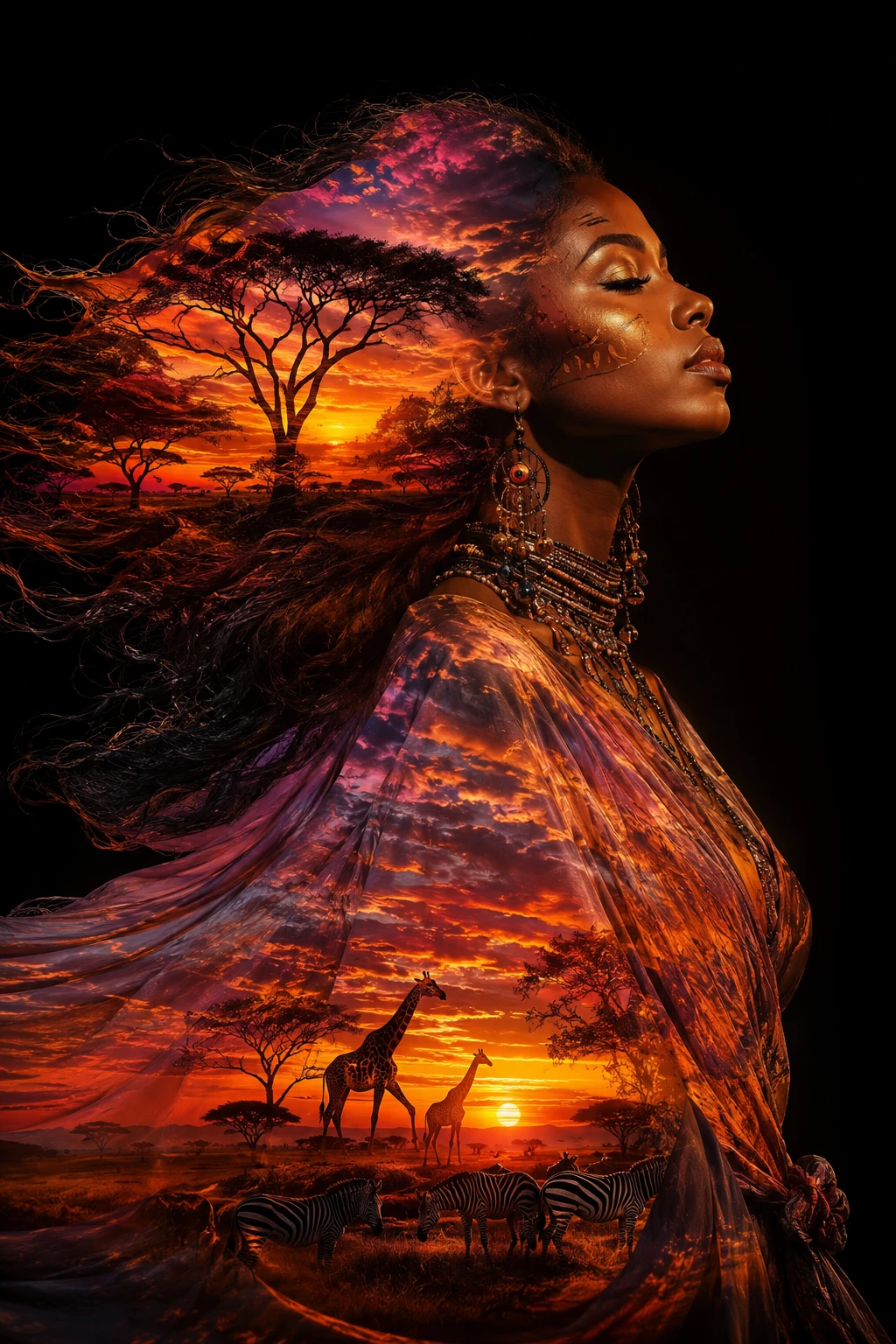 Donna mistica che si fonde con le sagome del tramonto nel Serengeti