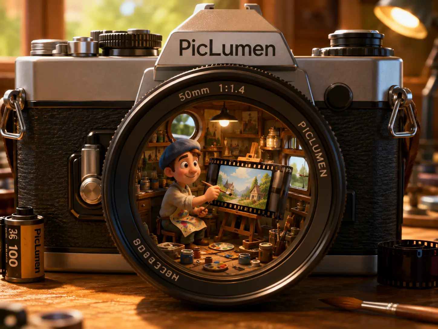 Appareil photo classique avec un minuscule peintre de dessin animé dans l’objectif