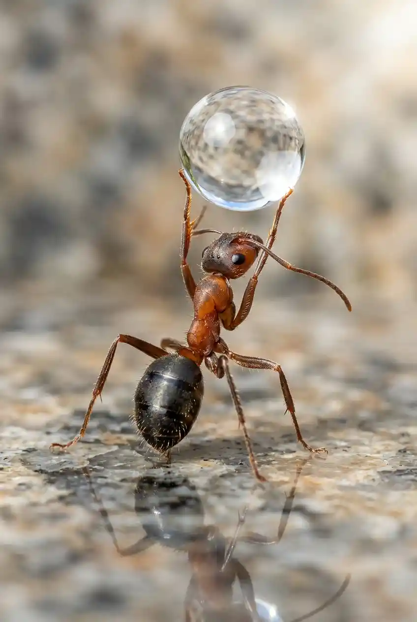 Formica in macro che regge una singola goccia d’acqua su una pietra
