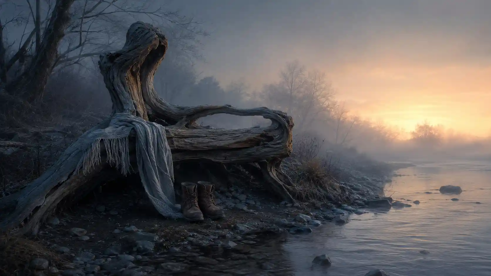 Ancient Fallen Tree Like A Lonely Bench Beside River