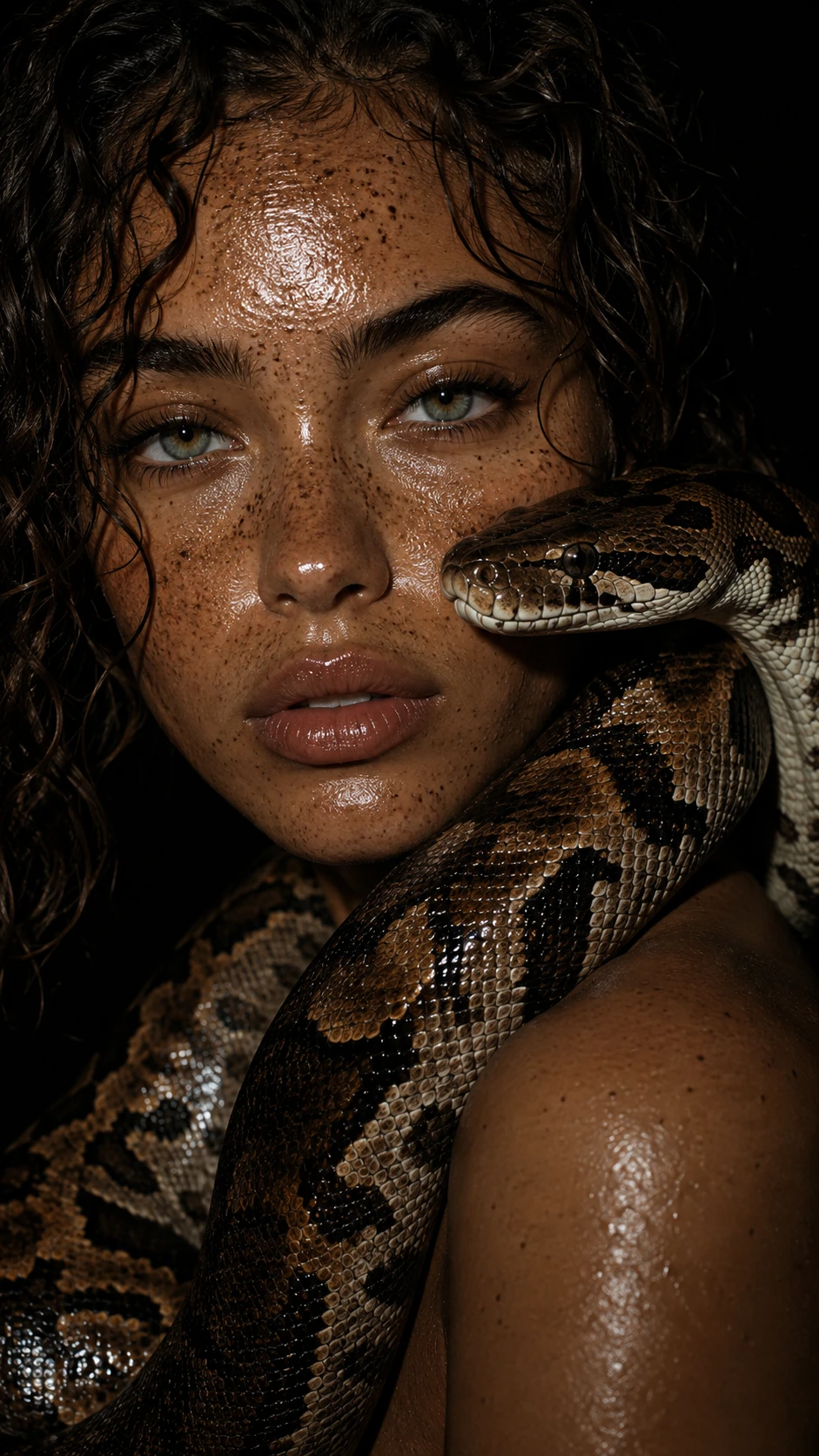 Retrato em close de mulher sardenta com cobra no pescoço
