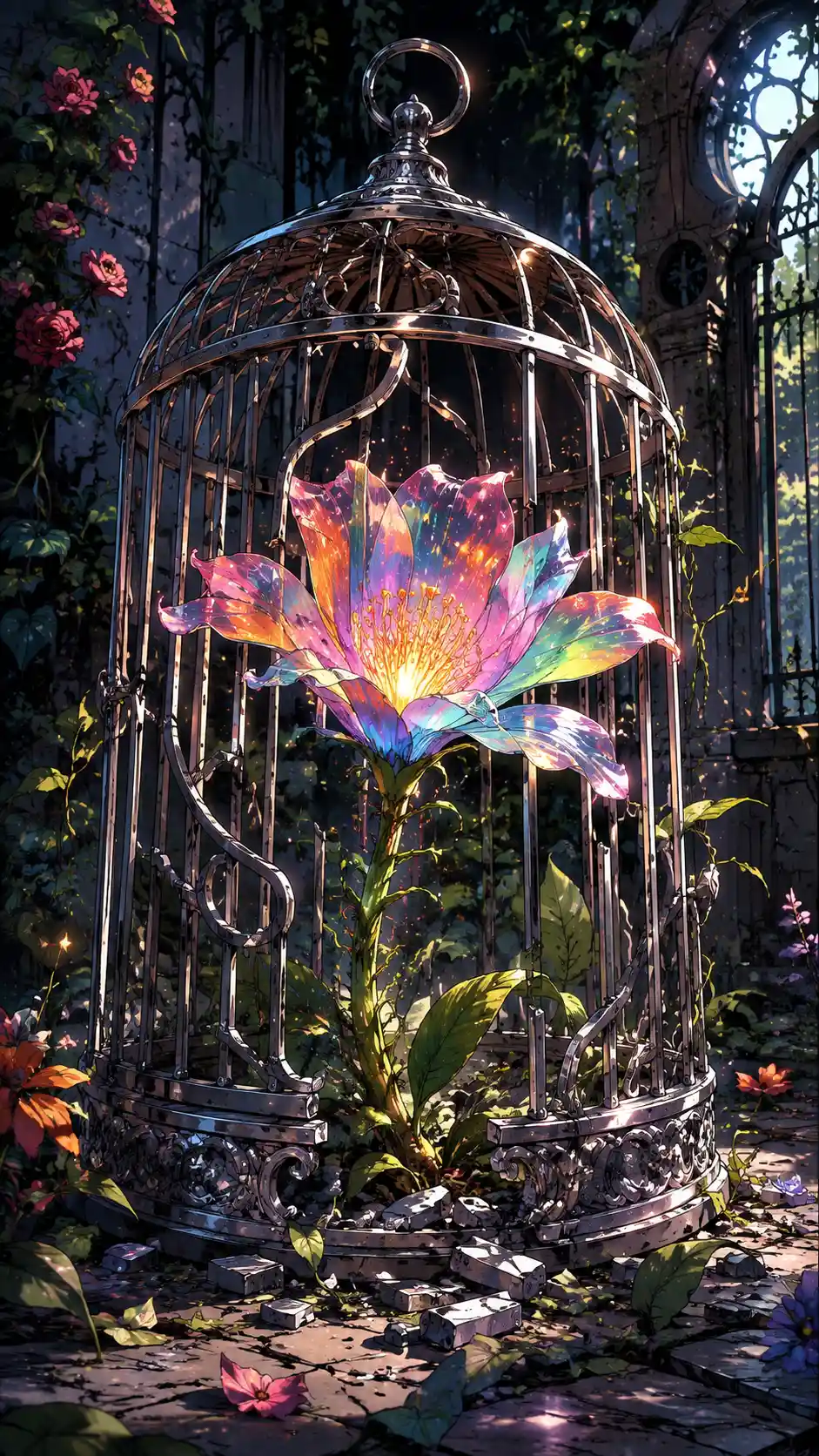 Magical rainbow flower escaping a silver cage in garden