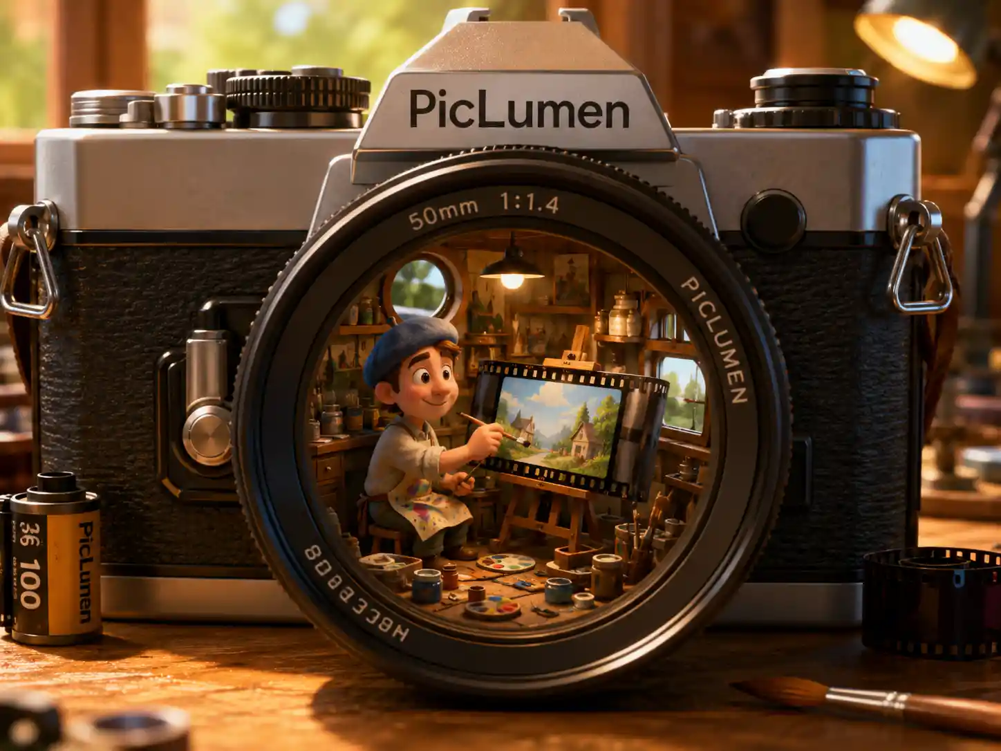 Classic camera with tiny cartoon painter inside the lens