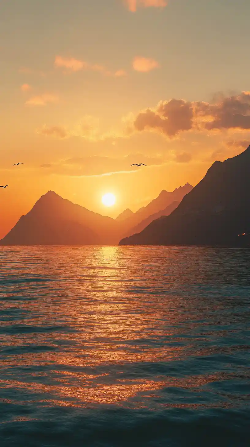 Nascer do sol tranquilo sobre o mar e uma distante cadeia de montanhas