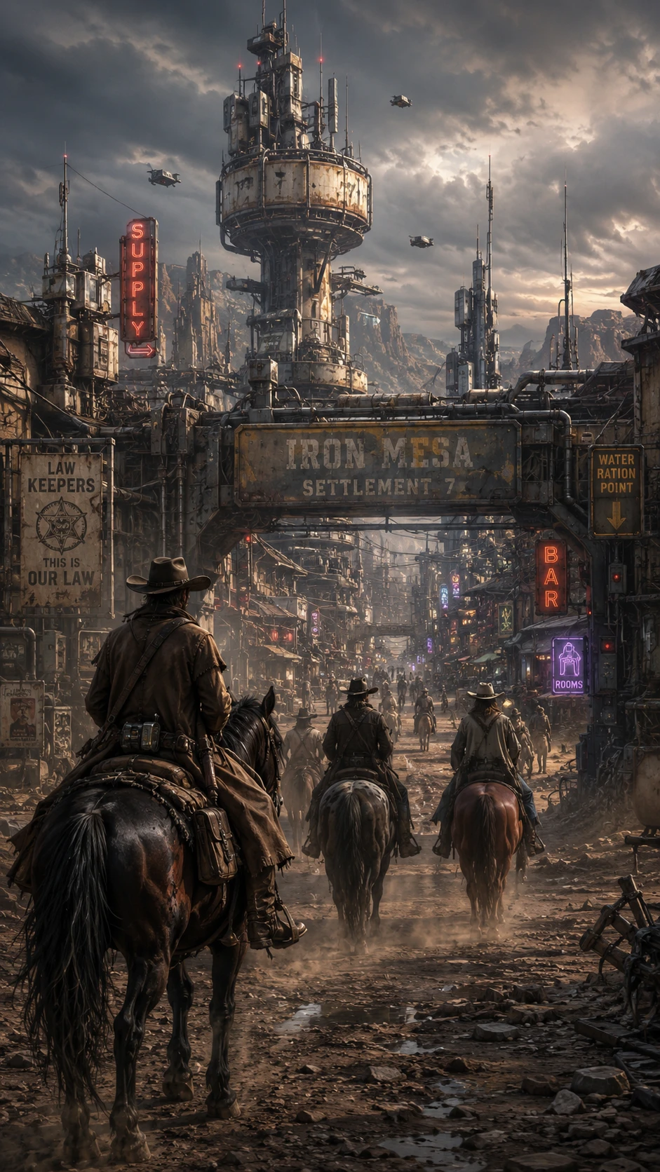 Cowboys Cabalgan Hacia una Remota Ciudad Fronteriza Futurista