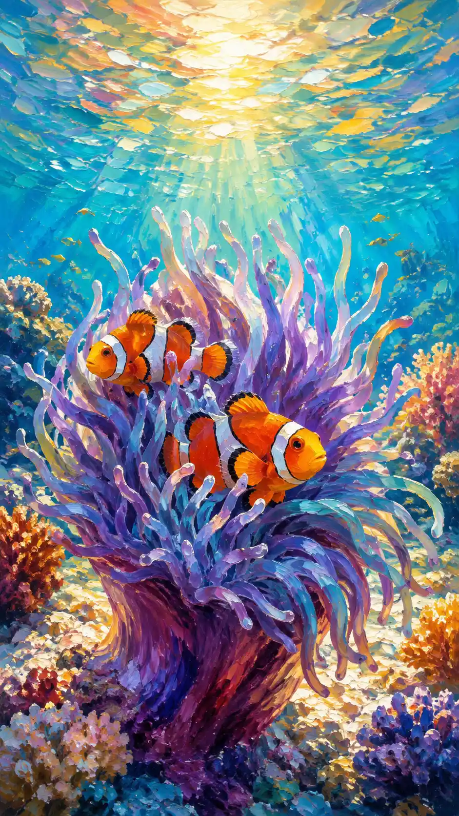 Clownfische im Anemonenschutz auf sonnenbeschienenem Korallenriff