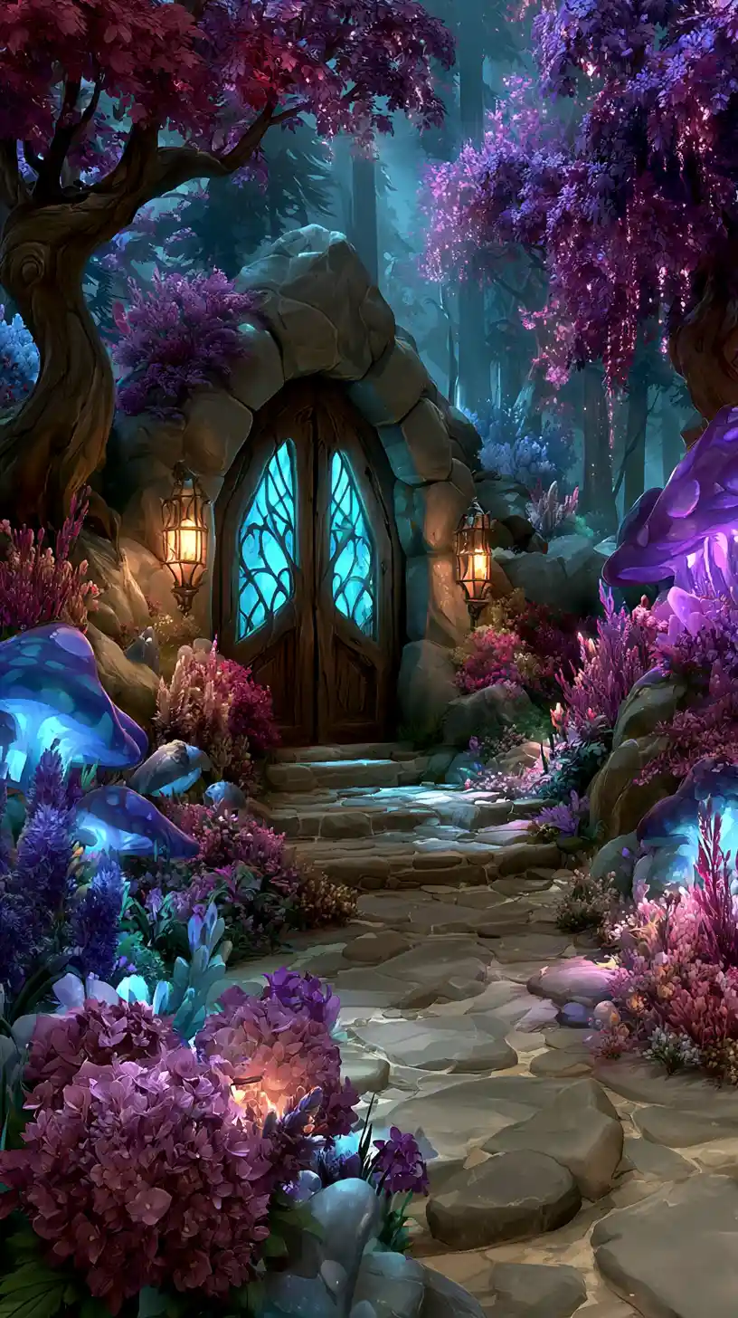 Colorful fantasy portal glowing in a vast underground cave
