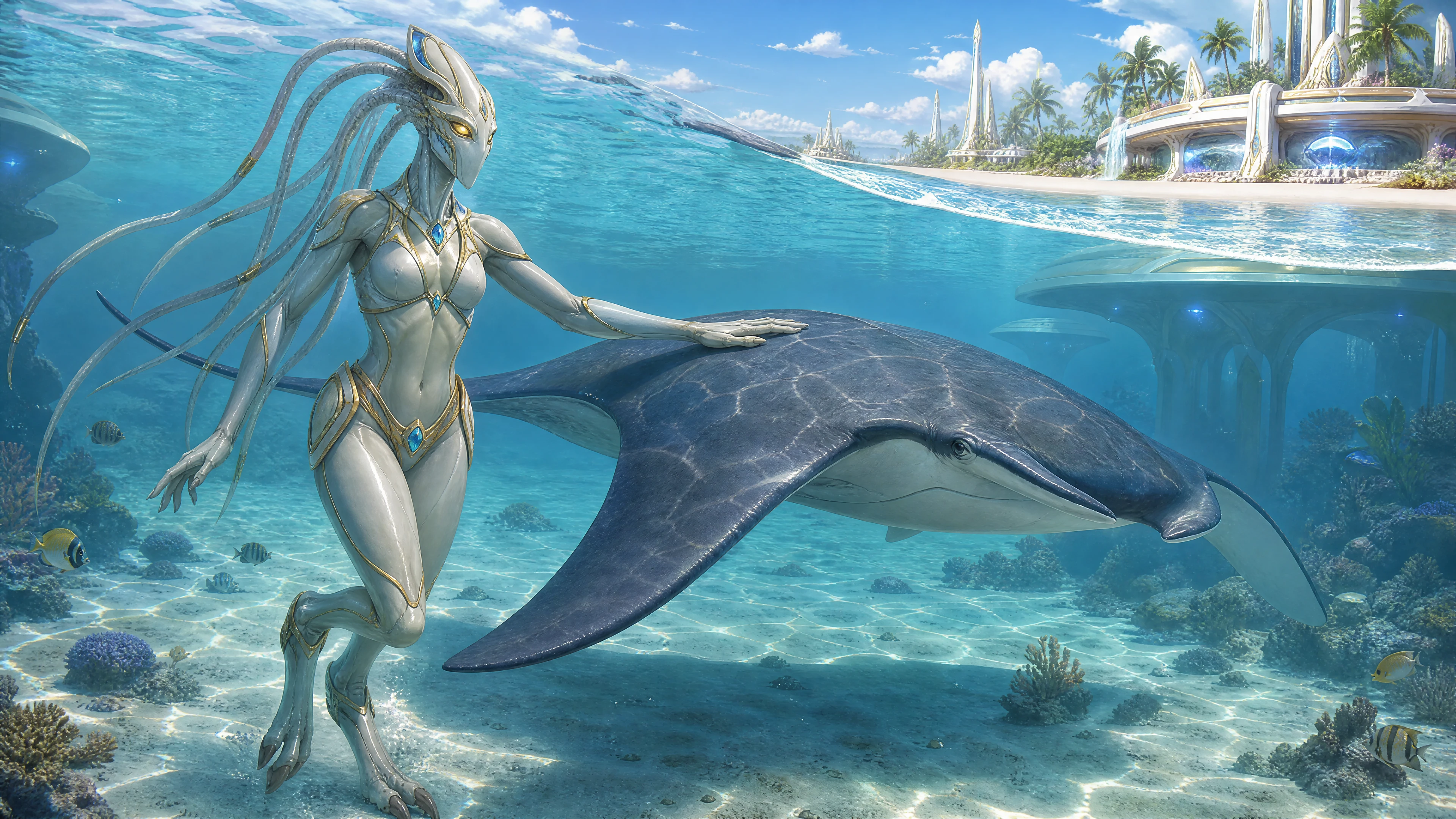 Grande femme de science-fiction caressant une raie manta sous l’eau