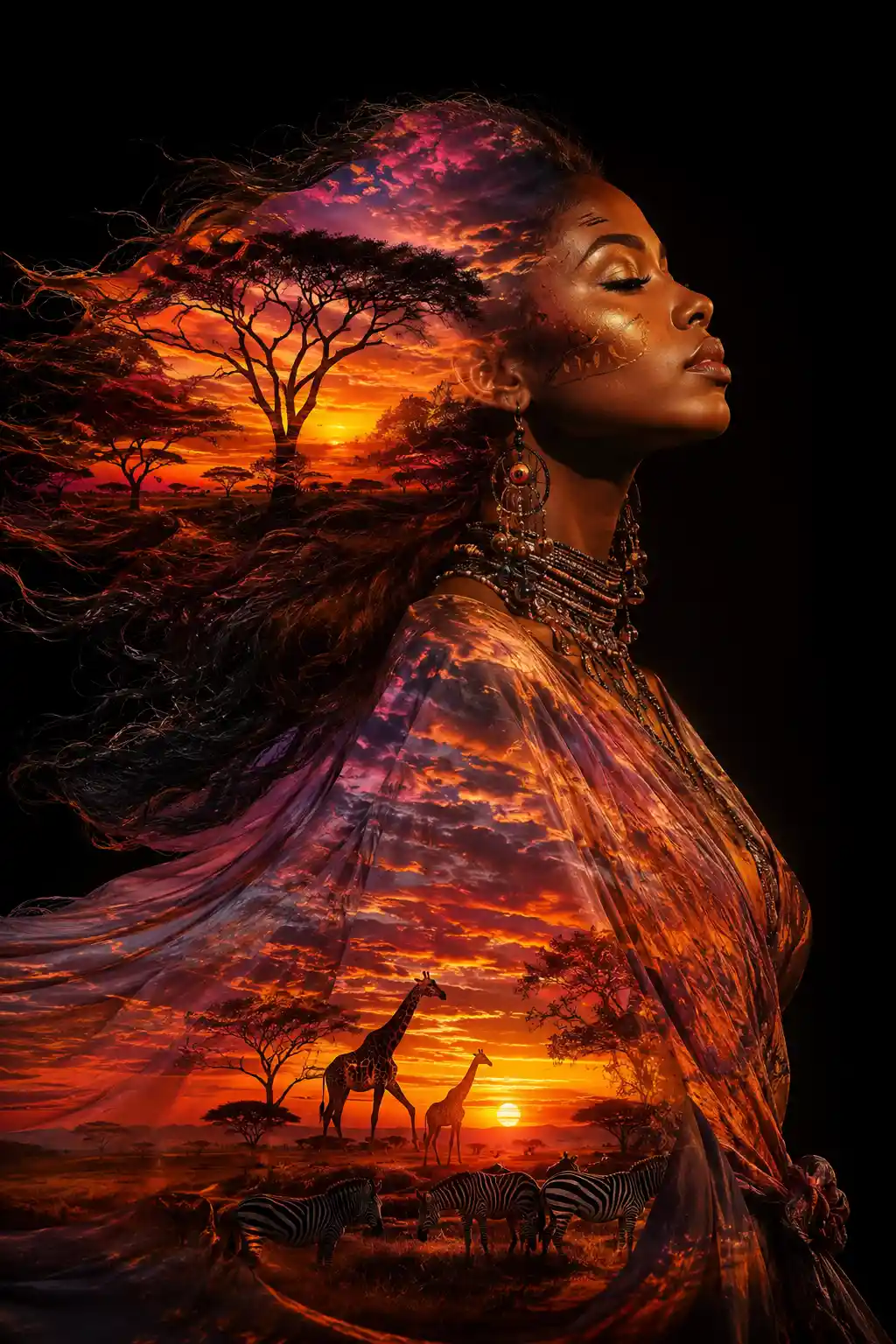Donna mistica che si fonde con le sagome del tramonto nel Serengeti