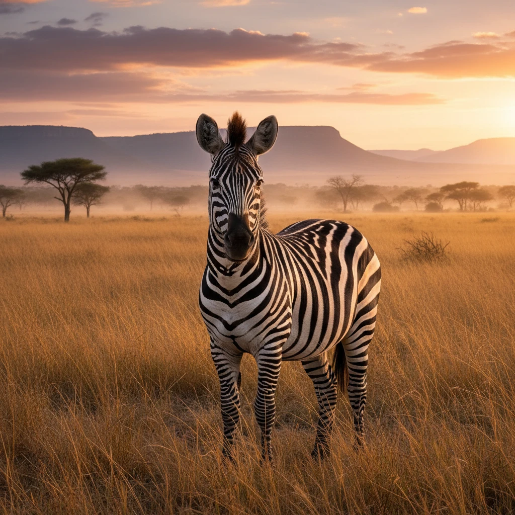 Stolzes Zebra steht allein im goldenen Gras der afrikanischen Savanne