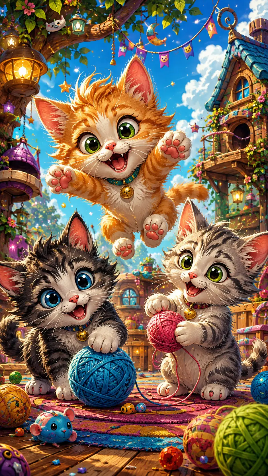 Trois chatons mignons et joueurs dans une lumineuse illustration fantastique