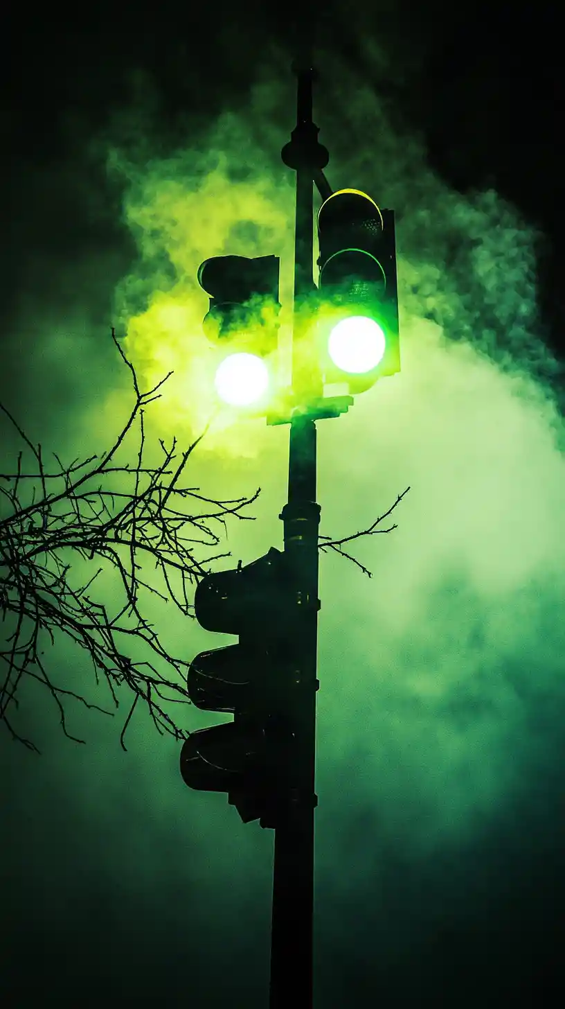 Green traffic light at a city street intersection at night