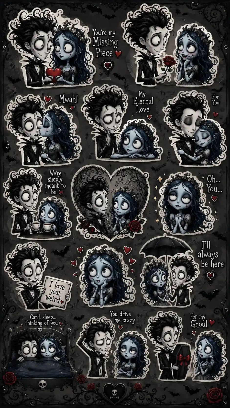 Stickers de reacción de pareja chibi en ilustración romántica oscura