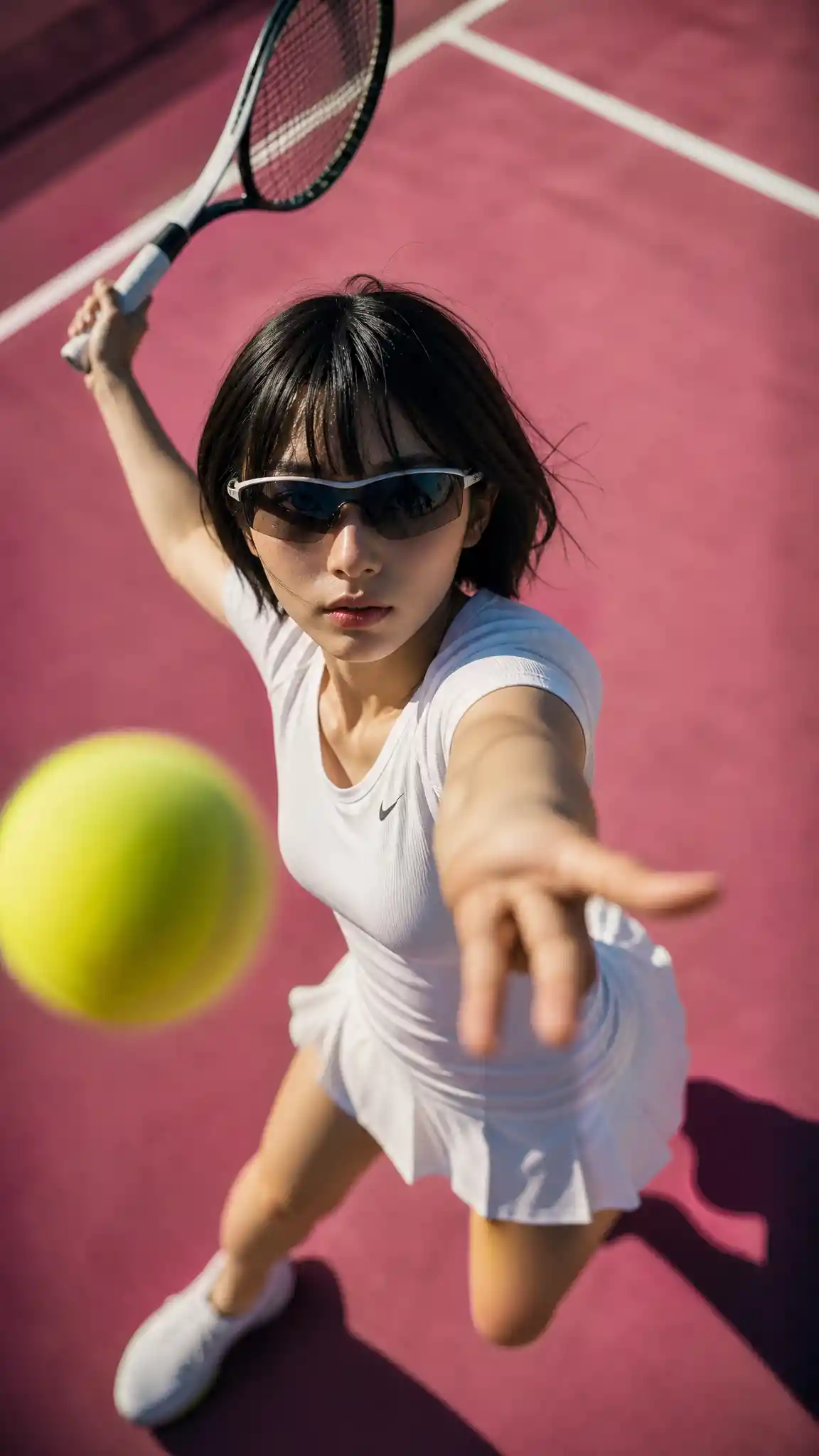 Female tennis player reaching toward camera on pink court