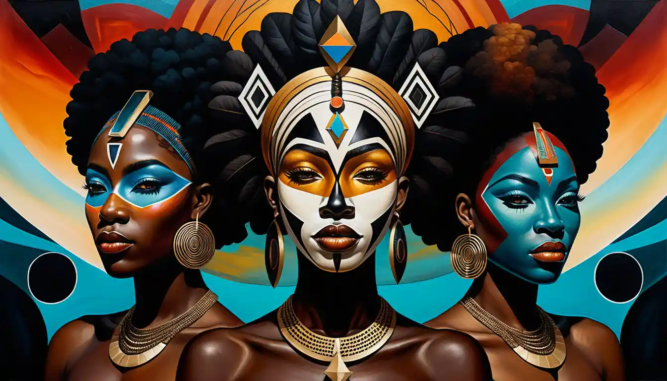 Surreal Afrocentric portrait with spiritual abstract figures