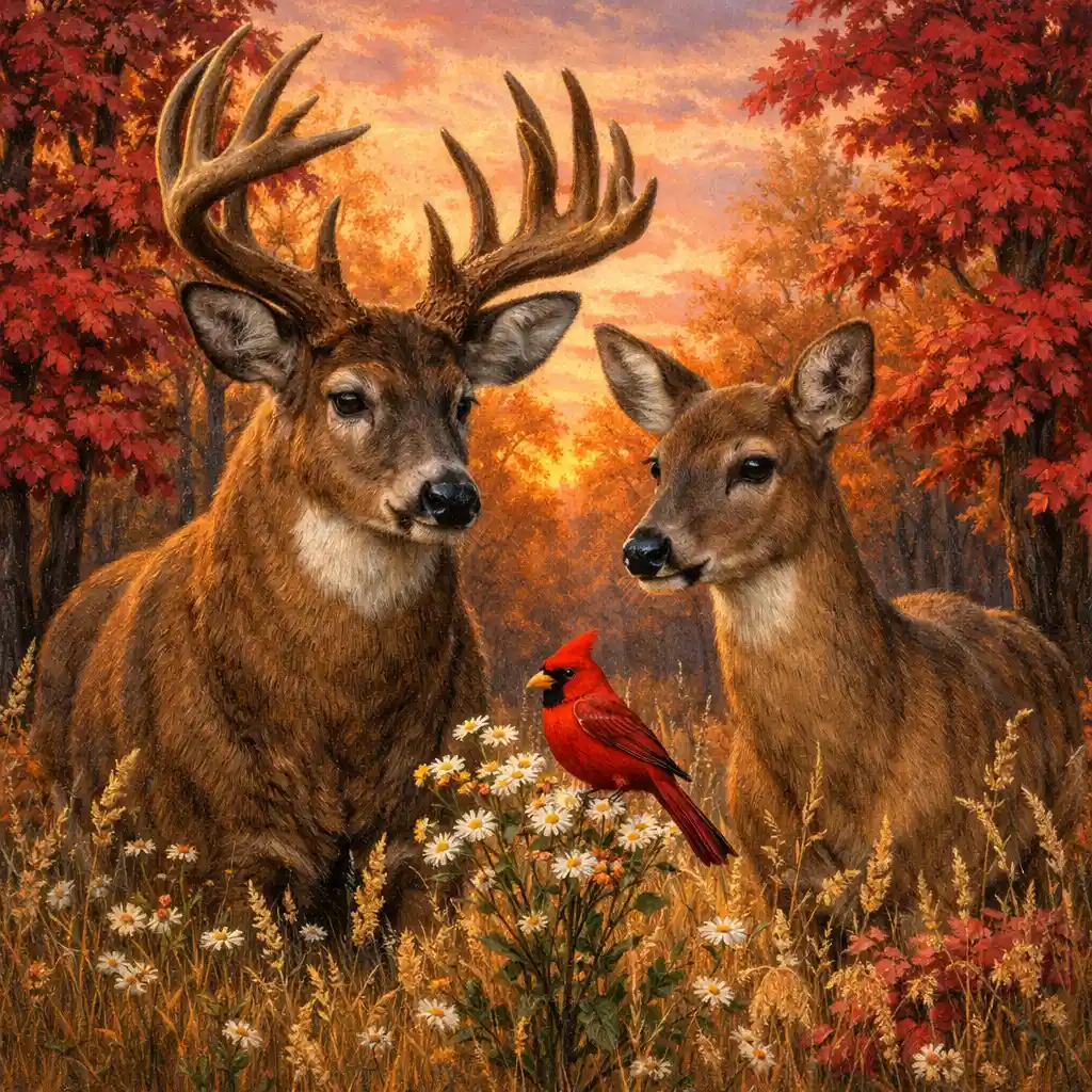 Two deer watching a red cardinal at autumn sunset