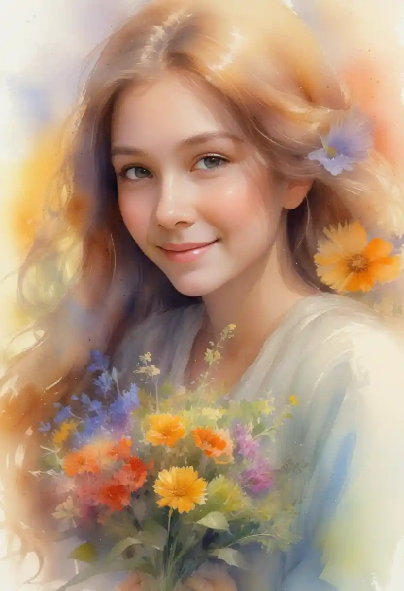 Young woman holding wildflowers in ethereal backlight