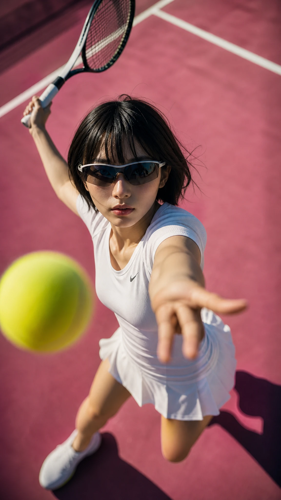 Female tennis player reaching toward camera on pink court