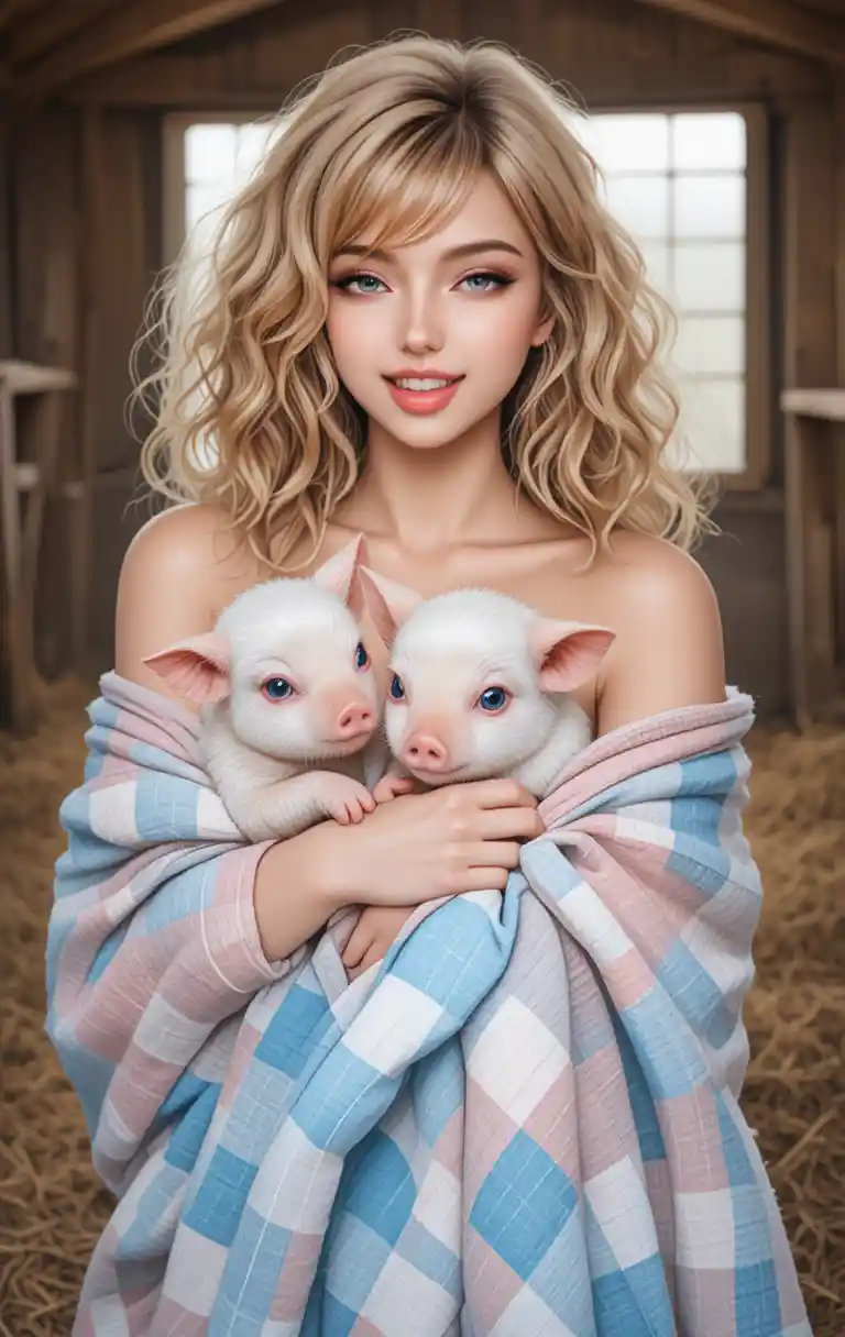 Blonde woman holding piglets in a pastel blanket in barn