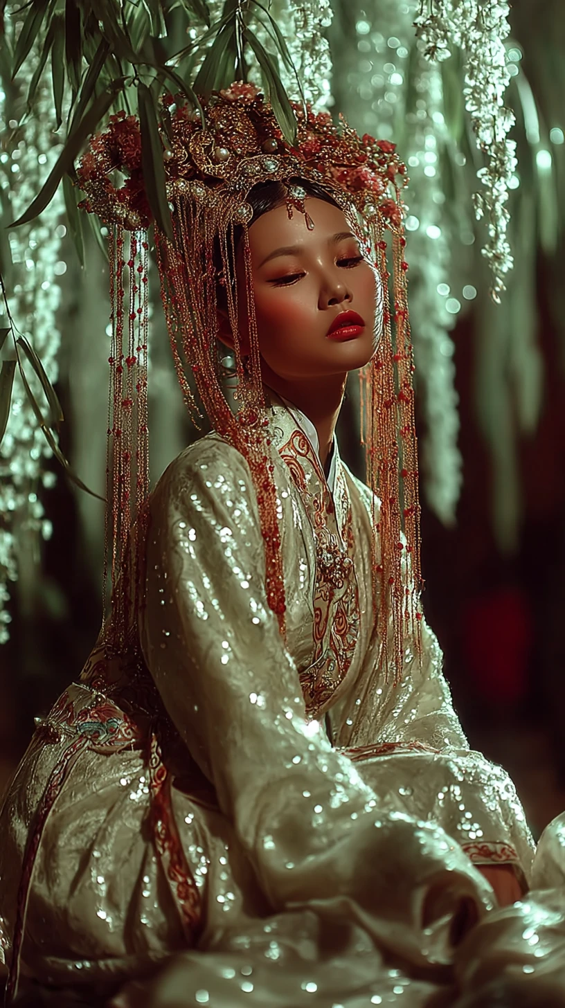 Santa xianxia in hanfu fluente sotto un salice celestiale