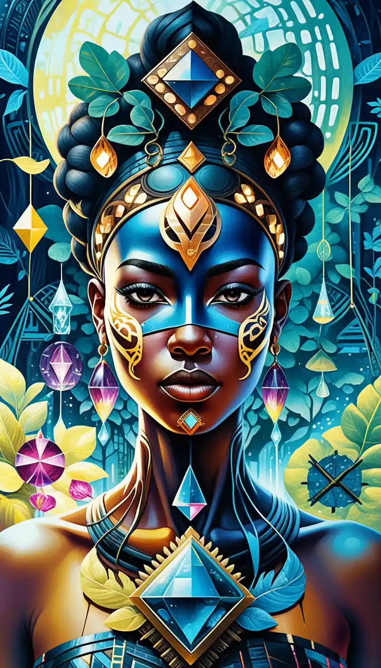 Surreal negritude portrait with afrocentric spiritual symbolism