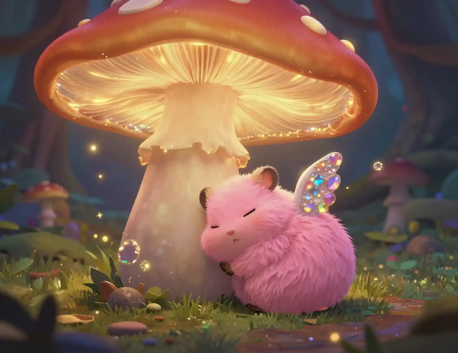 Criatura rosa dormindo sob um cogumelo brilhante na floresta