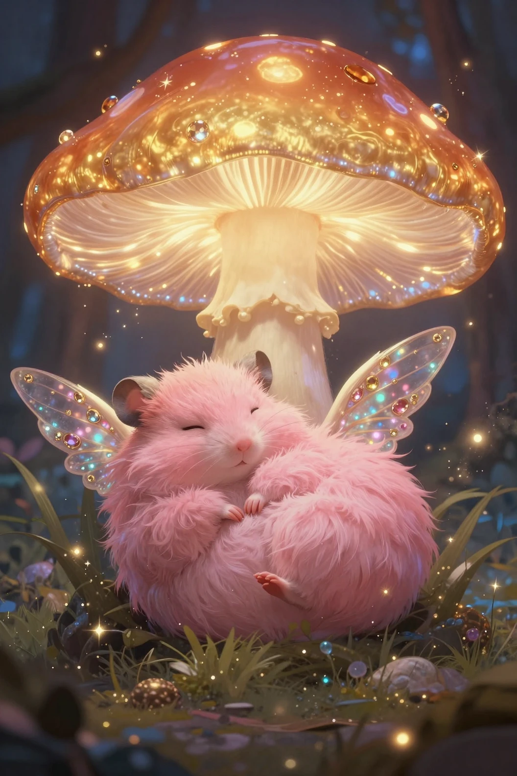 Criatura rosa esponjosa durmiendo bajo un hongo brillante