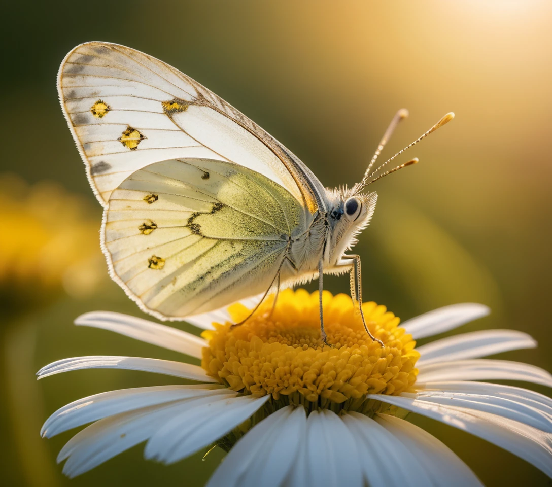 Kohlweißling auf einem Gänseblümchen im warmen goldenen Licht