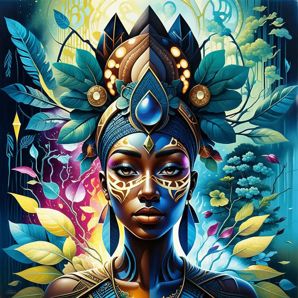 Surreal portrait of Black identity with abstract spiritual figures