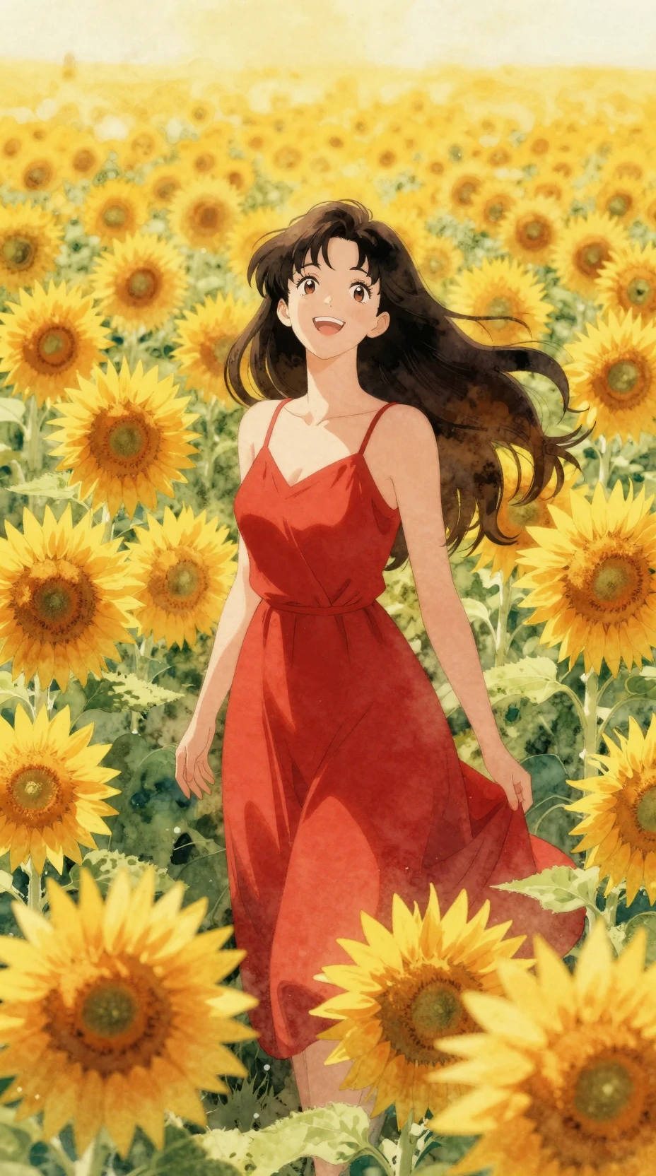 Donna gioiosa in abito rosso in un campo dorato di girasoli