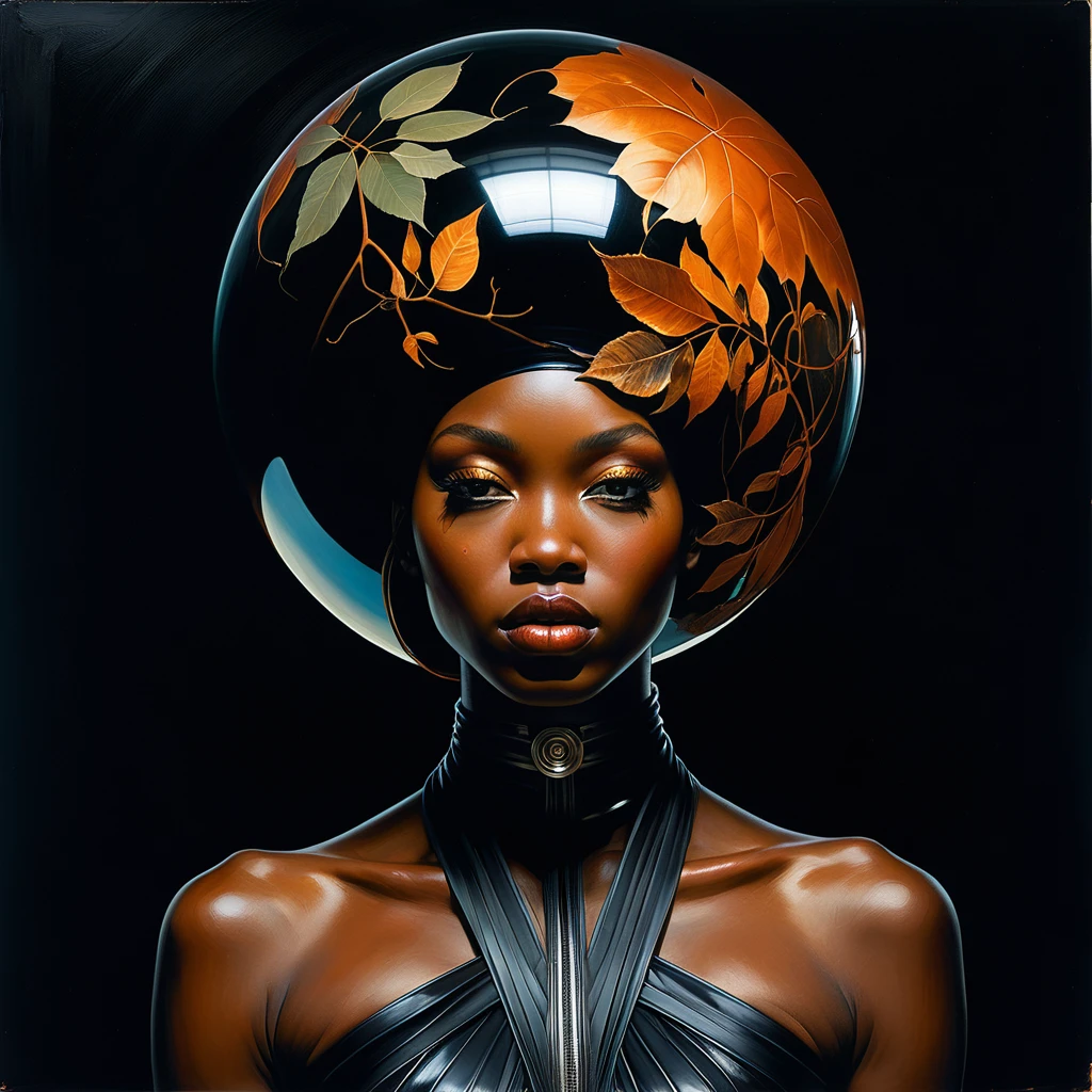 Mujer negra surreal fusionada con raíces planetarias en descomposición