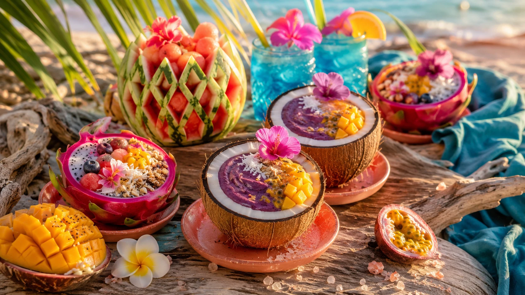 Présentation de fruits tropicaux sur bois flotté avec détails de bord de plage