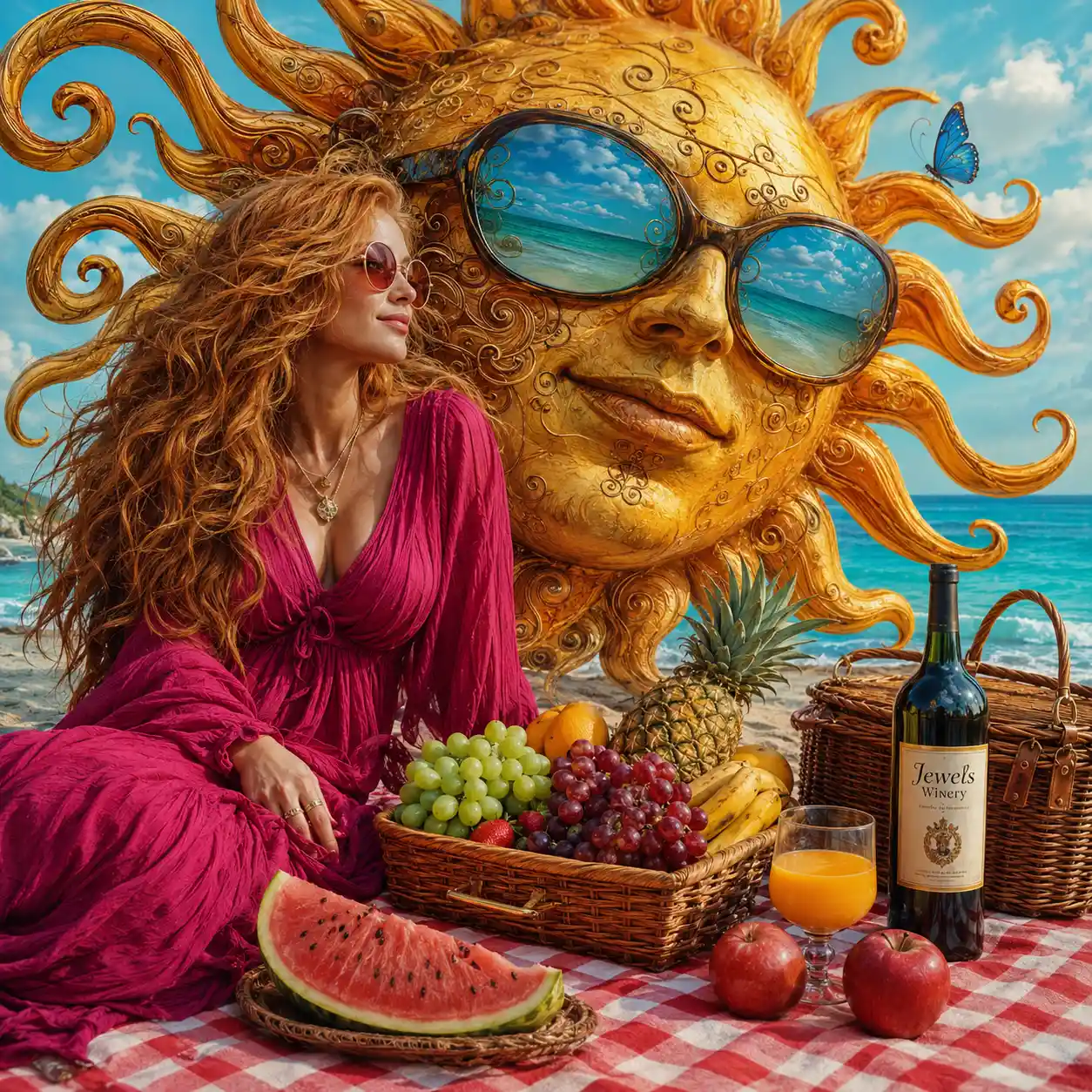 Whimsical beach picnic with woman and anthropomorphic sun