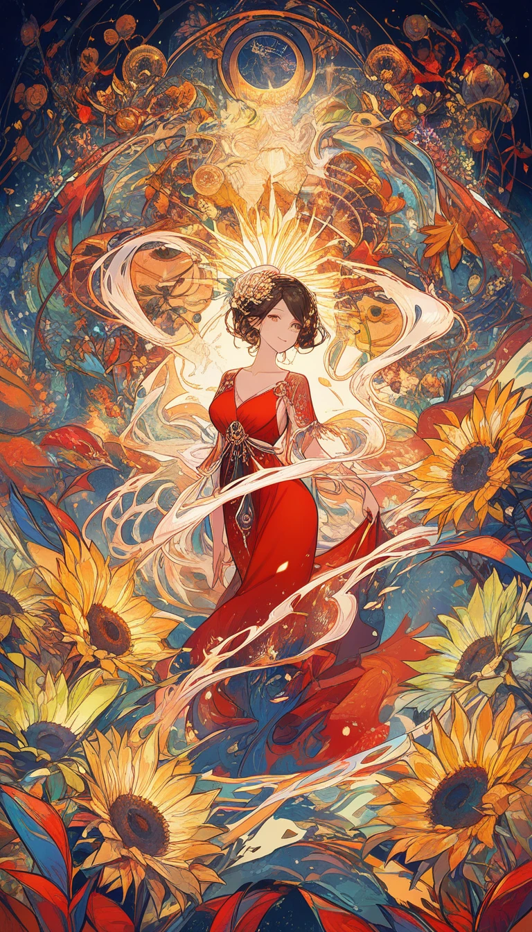 Smiling woman in red dress among golden sunflowers