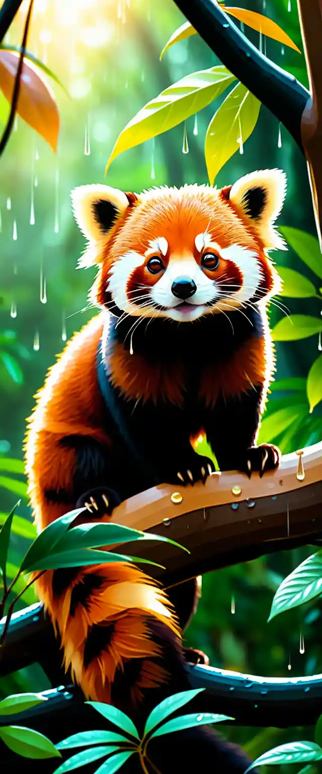Niedlicher roter Panda unter einem Baum im regnerischen Dschungel