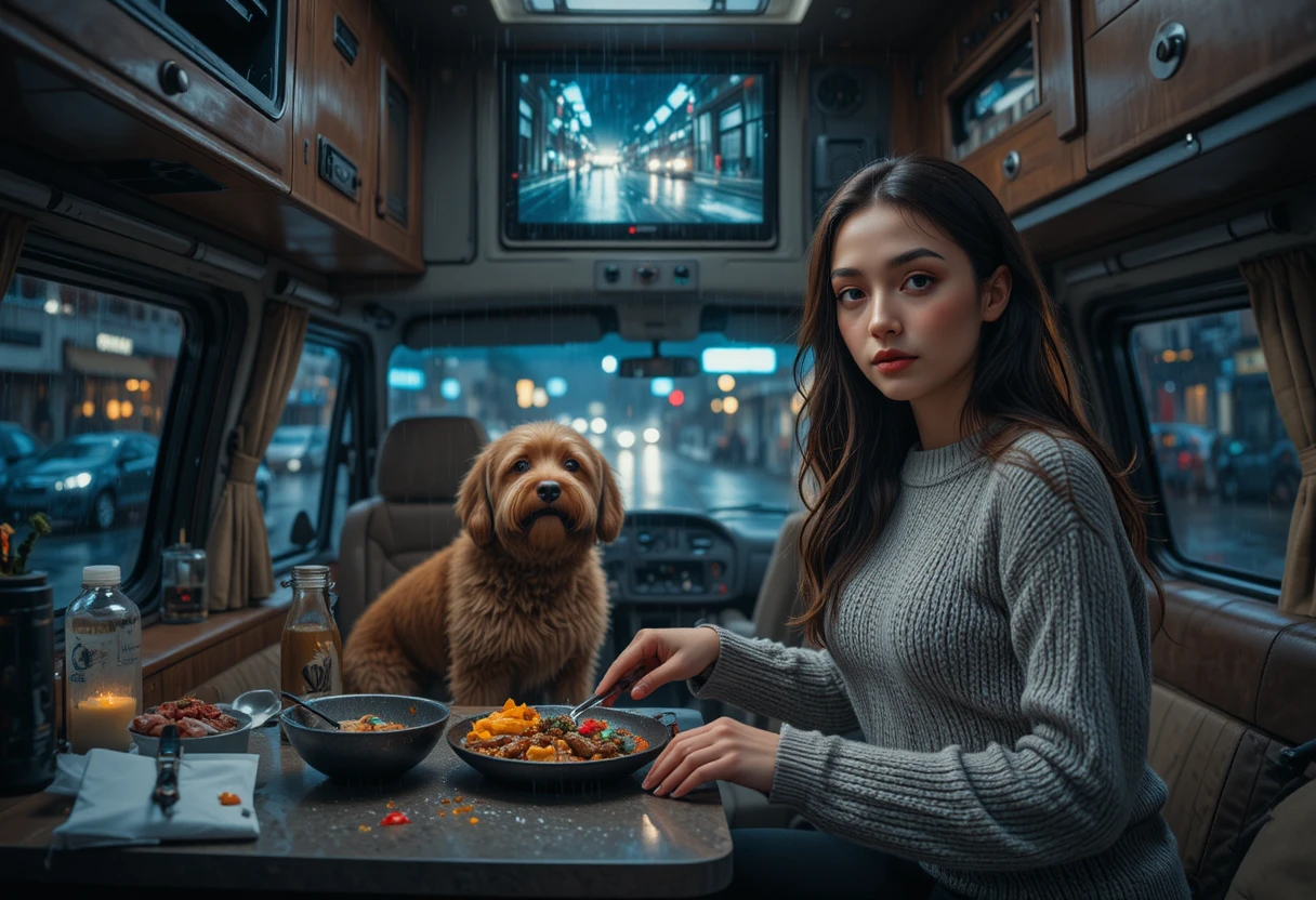 Jovem cozinhando com seu cachorro em um trailer iluminado por neon
