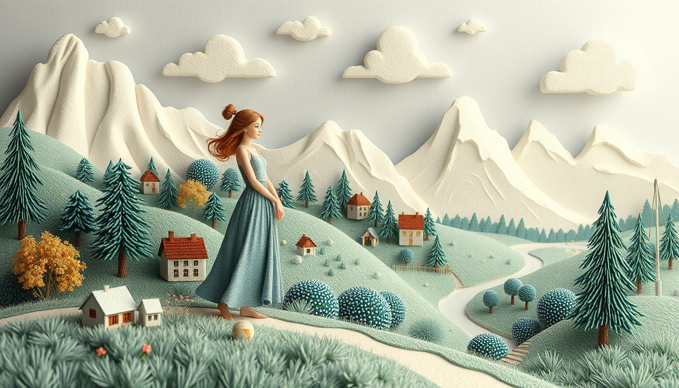 Paisaje de fieltro 3D fantasioso con figura de mujer