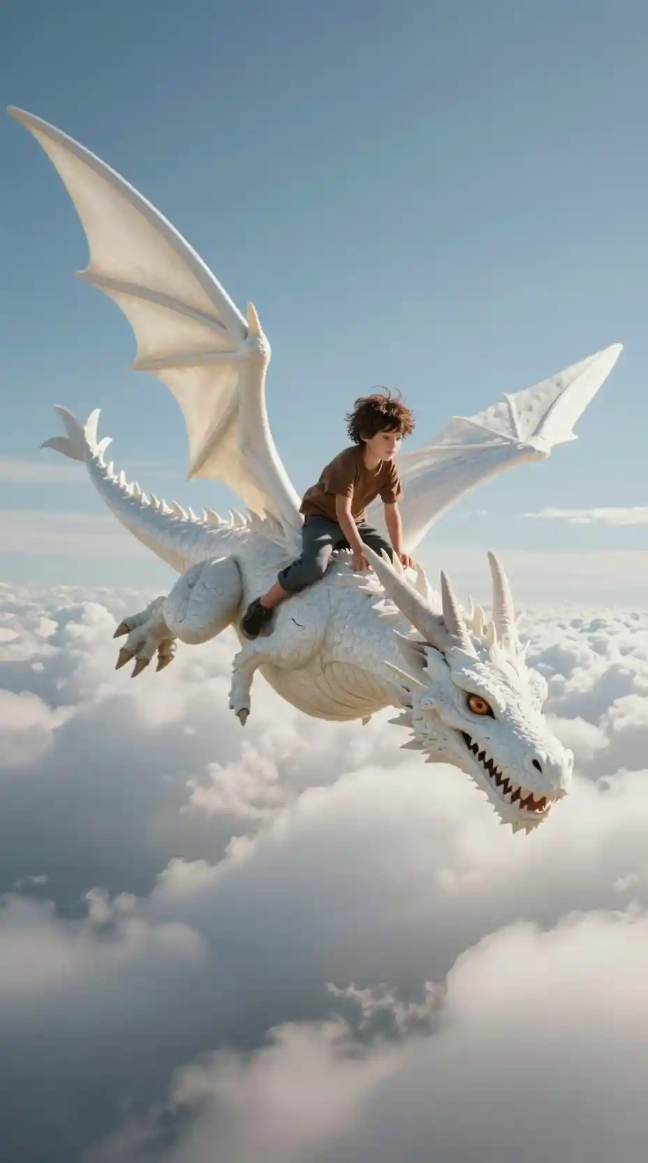 Ragazzo che cavalca un drago bianco in volo alto tra le nuvole