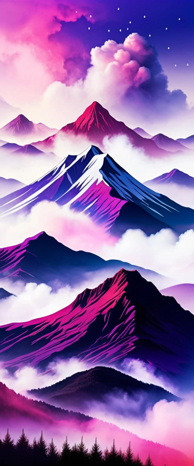 Paisaje de Montaña Nebulosa en Tonos Púrpura y Rosa