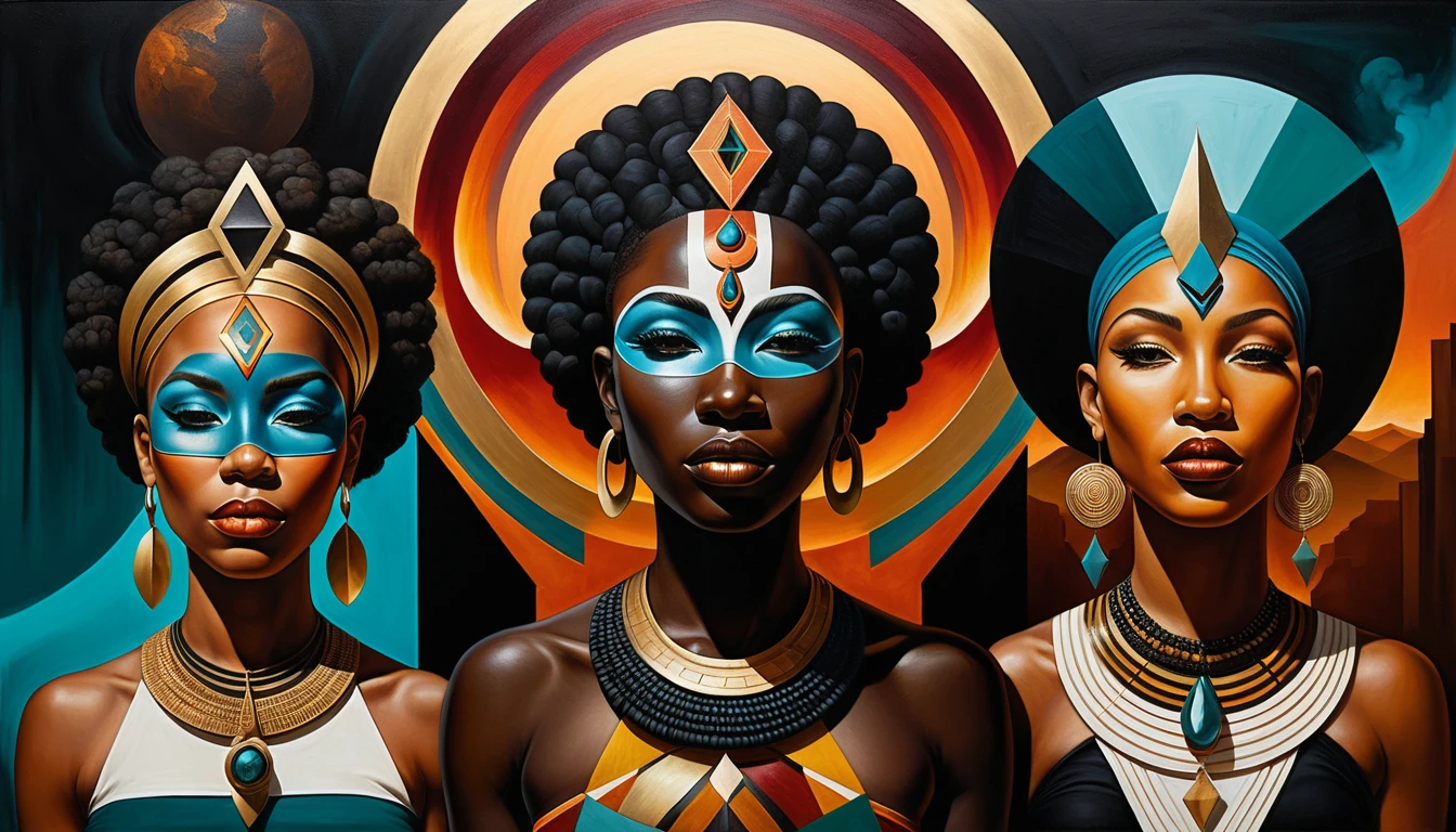Retrato afrocentrista surreal con geometría tribal y máscaras