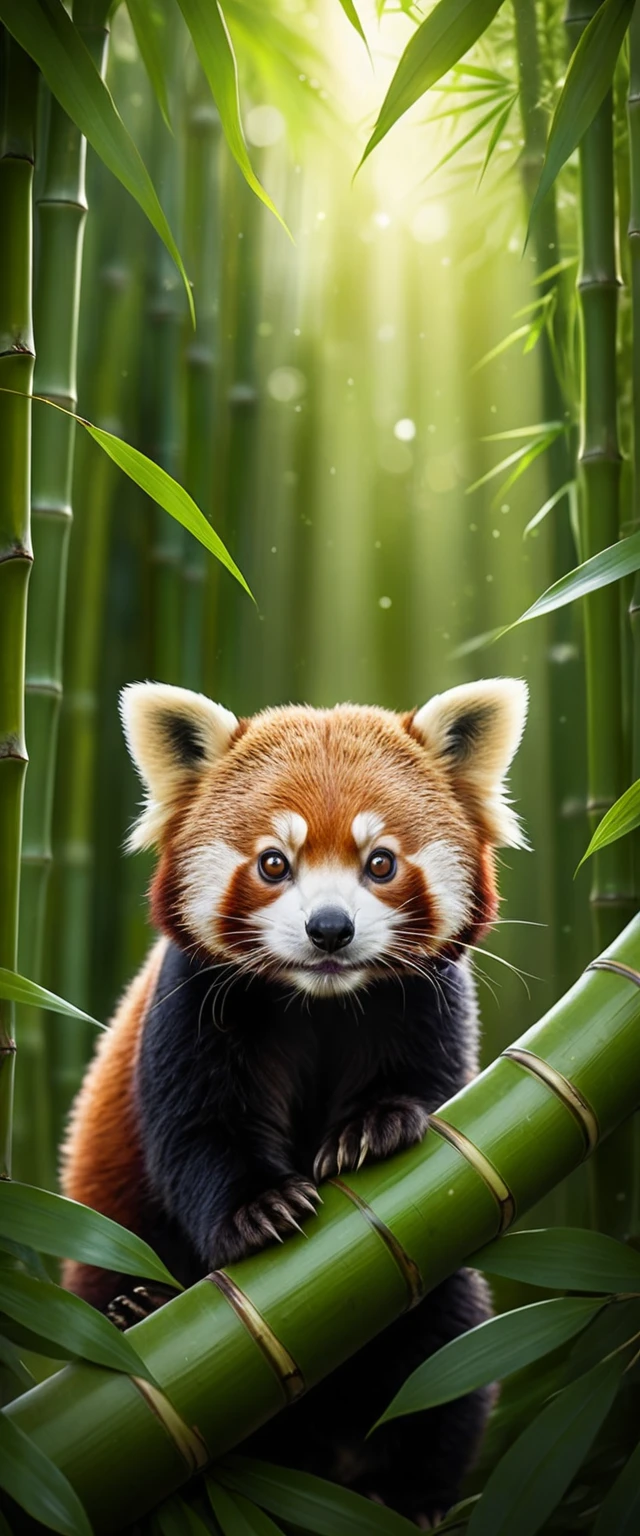 Süßer roter Panda unter einem leuchtenden Blatt im Bambuswald