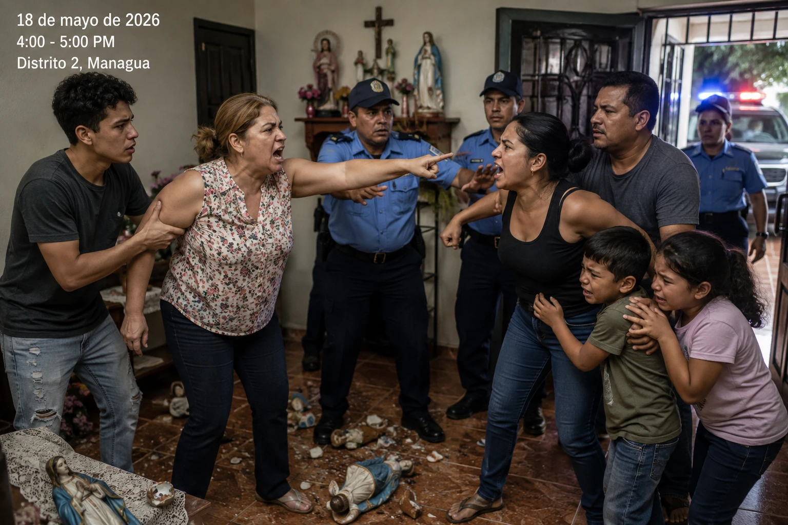 Family confrontation at a residential building entrance in Managua