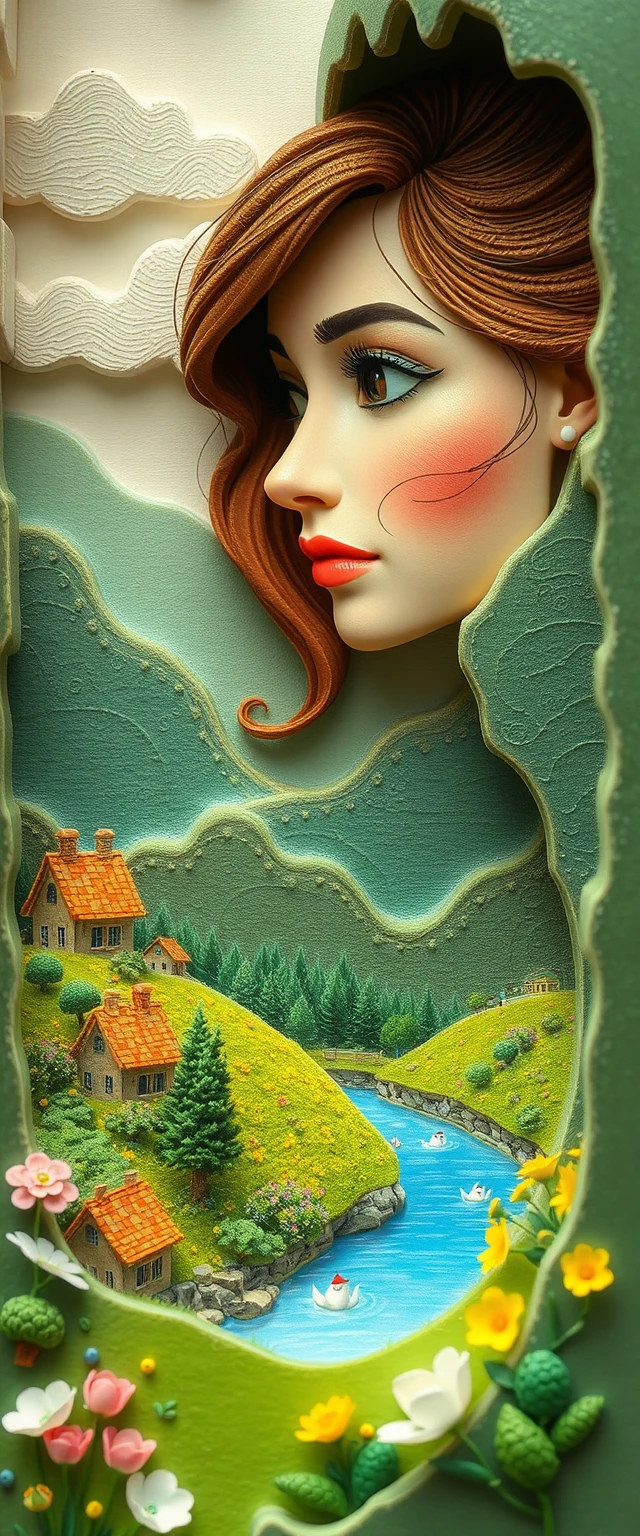 Whimsical 3D felt landscape with a serene female face