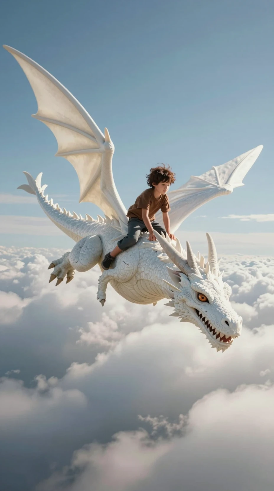 Junge reitet auf einem weißen Drachen hoch über den Wolken