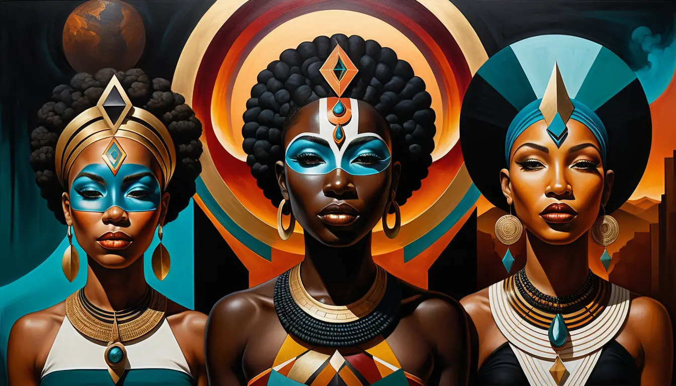 Retrato afrocentrista surreal con geometría tribal y máscaras