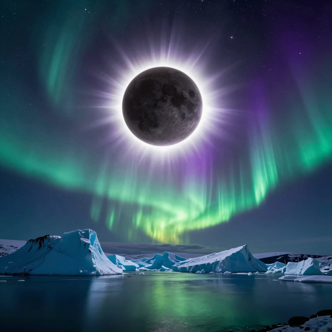 Eclipse solar total sobre glaciares árticos y cielo de auroras