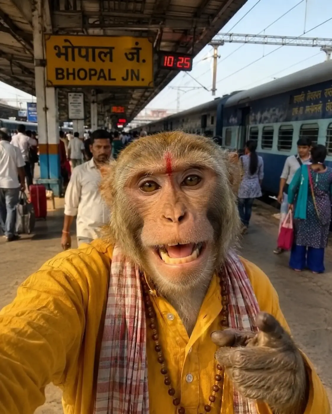 Mono juguetón en un andén concurrido de estación de tren india
