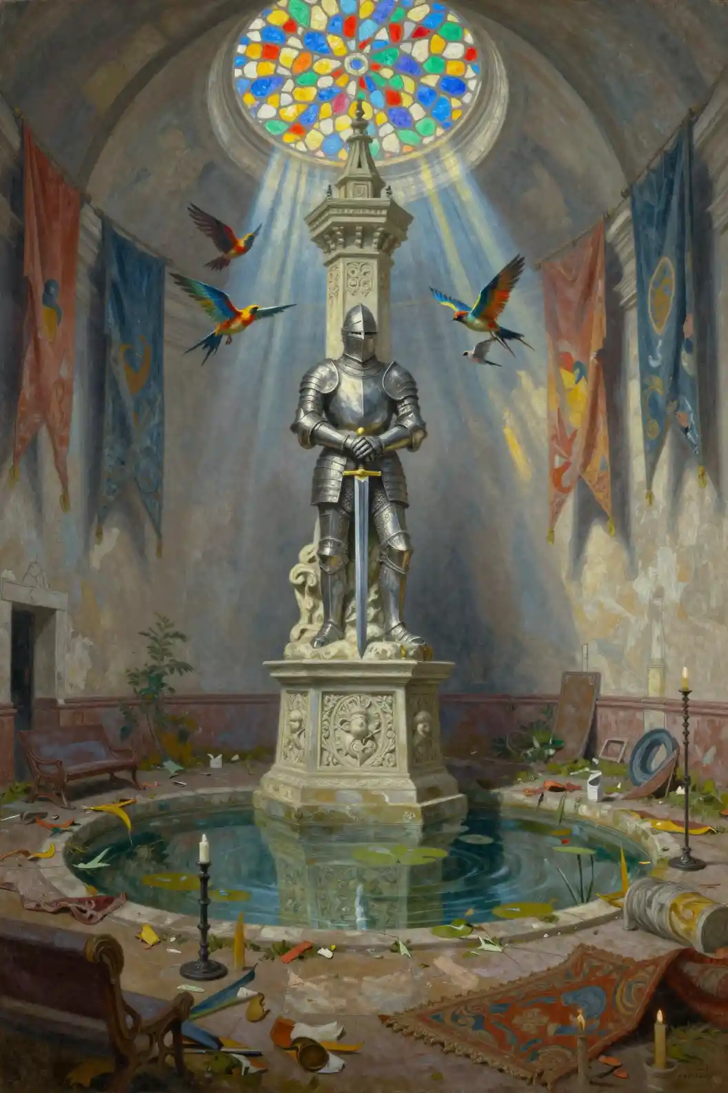 Knight statue in an abandoned tower lobby painting